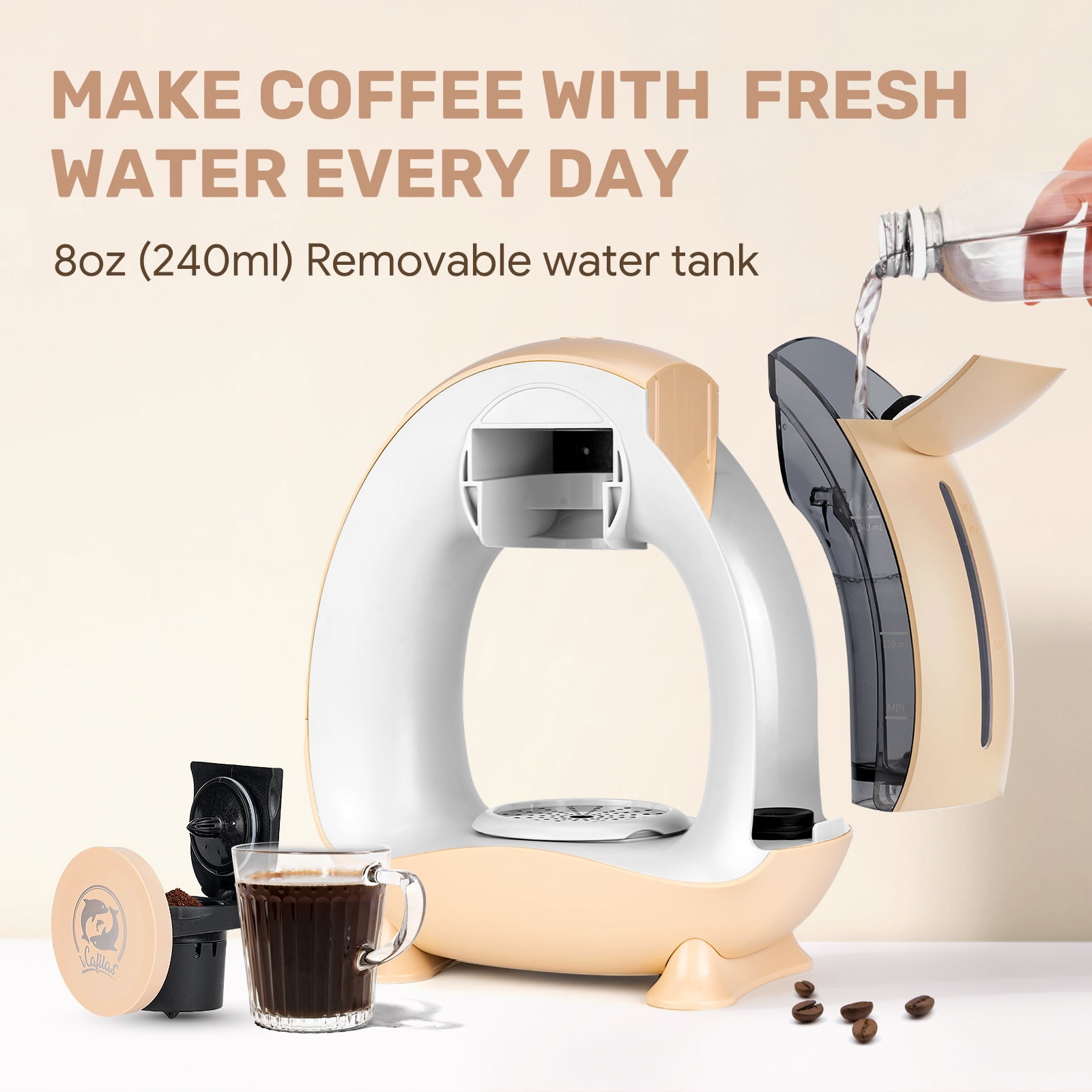 i Cafilas MINI Q Single Serve Coffee Maker Machine for Ground Coffee Low Decibel Silent No Vibration,Champagne