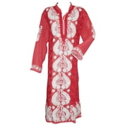 Mogul Woman's Long Kurti Red Georgette Designer Embroidered Tunic Dress XXXL