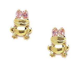 14k Yellow Gold Pink Cubic Zirconia Frog Shaped Screwback Earrings Measures 10x7mm by