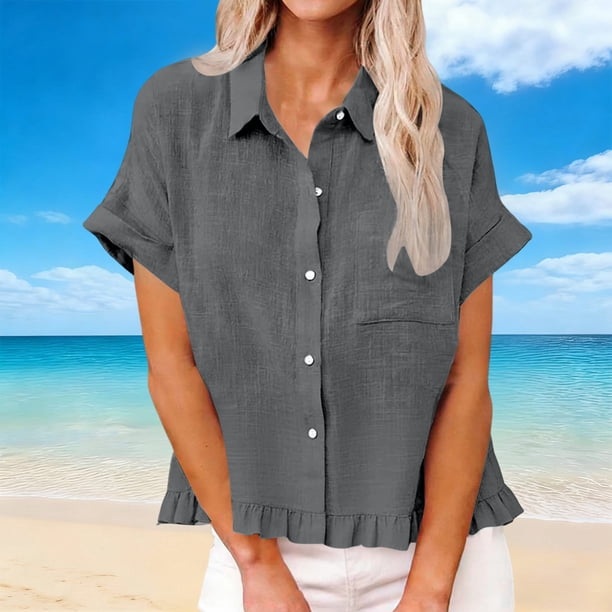 Craaazy Ladies Oversized Short Sleeve Tunic Tops, Lightweight Casual Shirt, Collared Pocket Blouse with Ruffle Hem for Everyday Outfits Gifts