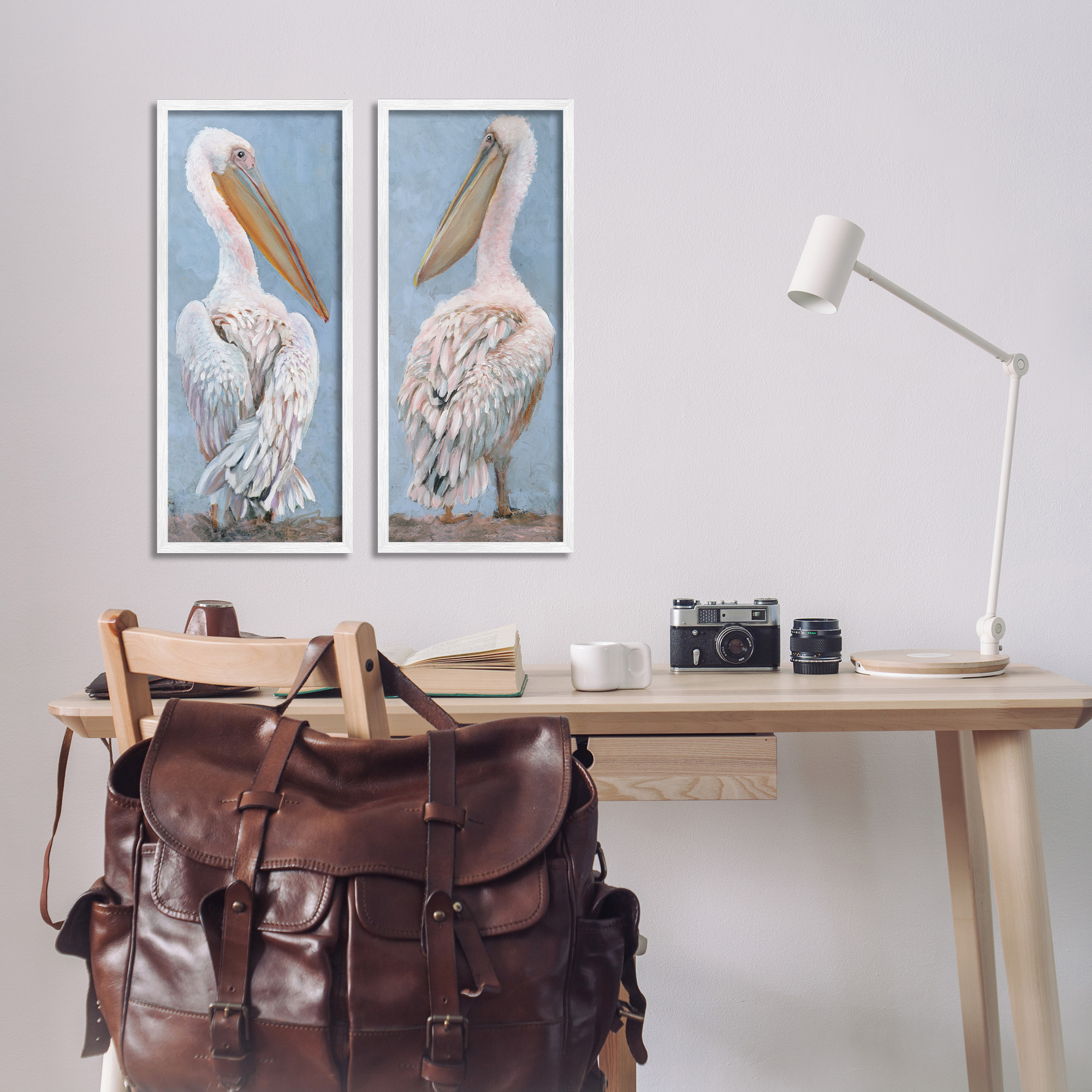 Stupell Industries Classic Pelicans Gazing Animals & Insects Painting White Framed Art Print Wall Art, 10 x 24, Set of 2