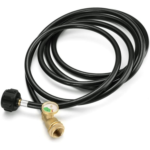 shiyou-12 FT Propane Extension Hose with Gauge, Leak Detector Replacement for Outdoor BBQ Propane Tank, RV, Gas Grill, Heater, Fire Pit and Most Propane Appliances, Acme to Male QCC/POL Fittings