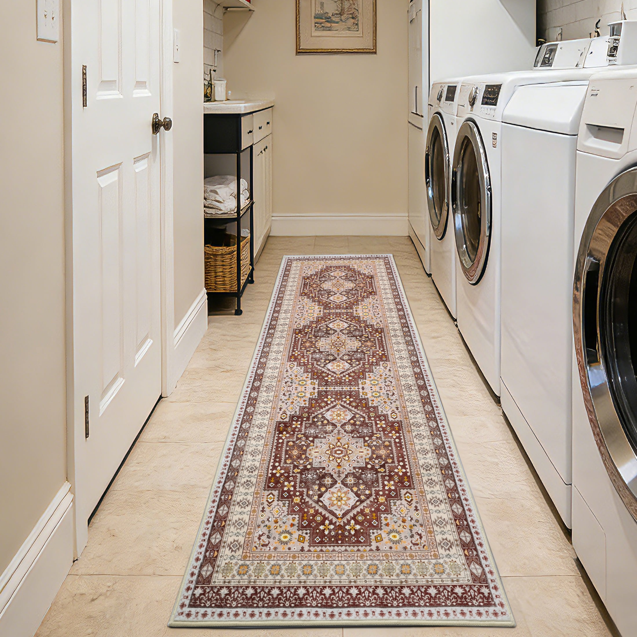 ARJINCUTE Vintage Distressed Bohemian Brown Runner Rugs, 2' x 8' Non-Slip Washable Low Pile Fold-able Floor Mat for Hallway, Kitchen, Entryway, Laundry Room