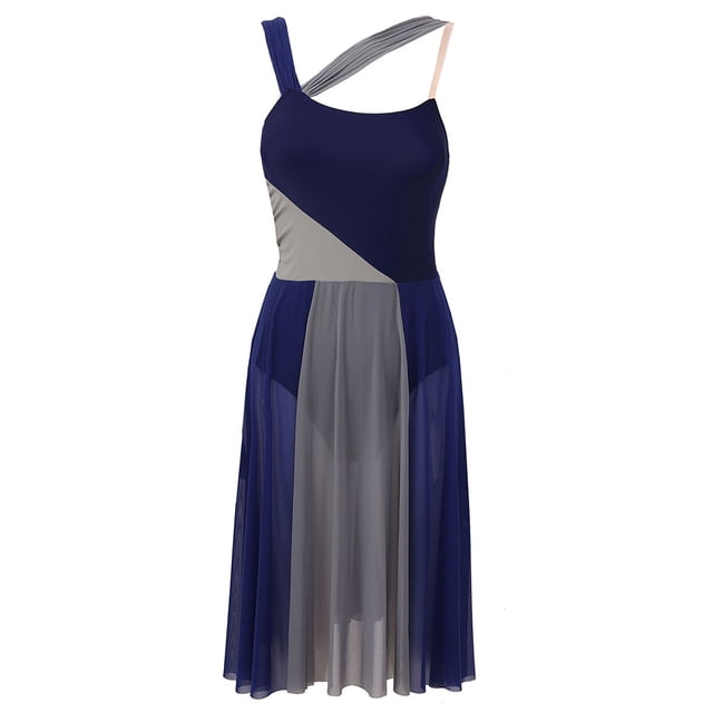 RUNQHUI Robe Justaucorps Sans Manches en Mesh à Blocs de Couleur pour Femmes, Danse Moderne Contemporaine, Bleu Marine TP