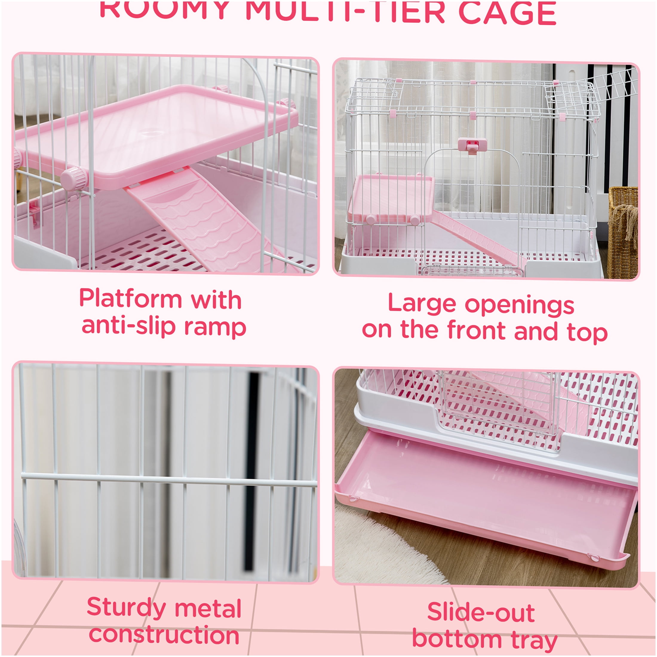 JERFIT 2-Tier Indoor Rabbit Hutch with Wheels, Removable Tray & Ramp, Small Animal Cage for Rabbits, Chinchillas, Ferrets, Guinea Pigs, Pink