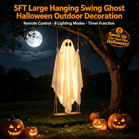 Swinging Ghost Outdoor Decor, 124 x 13 Inch Large Hanging Swing Ghost with Remote Control Halloween Decor with String Lights, Spooky Cute Ghosts Decorations for Front Porch Yard Tree