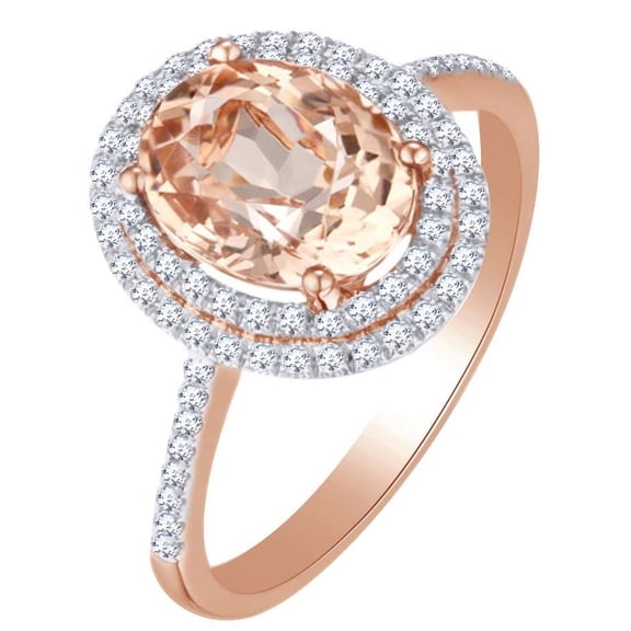 AFFY 3 Ct Simulated Morganite & White Natural Diamond double Halo Engagement Ring in 10k Rose Gold Ring Size - 6