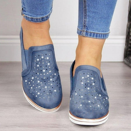 Kuorak Women Casual Anti-skid Round Toe Low Top Slip-on Wedge Rhinestone Loafers Shoes