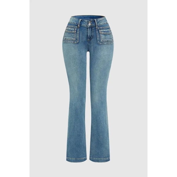 Women's Light Wash Flare Jeans, High Waisted Double Button Pocket Detail Denim Pants