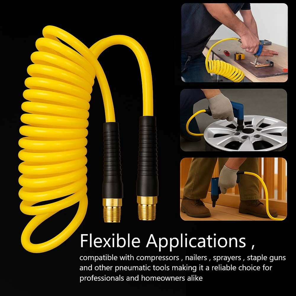 Interstate Pneumatics HR14-012 Yellow Polyurethane Recoil Air Hose 1/4 Inch x 12 feet Solid Fittings