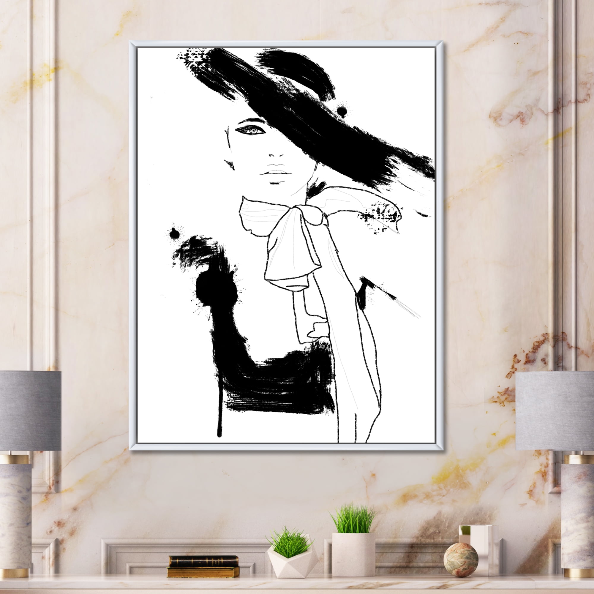 Designart 'Beautiful Black and White Model Haute Couture Fashion Woman II' Modern Framed Canvas Wall Art Print
