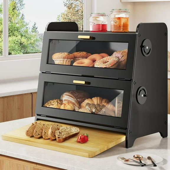 Bread Box - Kitchen Countertop Bread Storage Container with Bamboo Cutting Board, Adjustable Vent Hole Dials, Black