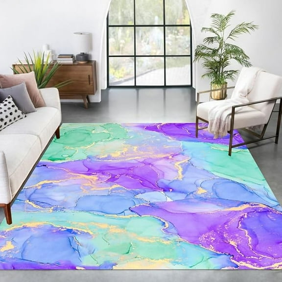 Mint Green Purple Marble Texture Modern Abstract Large Area Rug For Living Room Bedroom Machine Washable Soft Home Office Dorm Indoor Rugs Vibrant Guest Room Kitchen Carpet 5 x 7ft