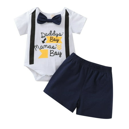 

2Pcs Toddler Baby Boys Cotton Outfits Casual Letters Printed Pattern Romper and Solid Color Shorts