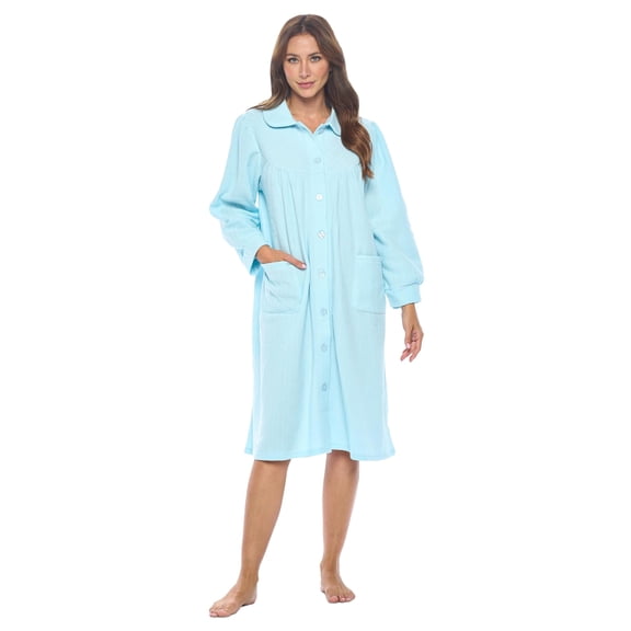 Casual Nights Women's Button Front Jacquard Terry Fleece Lounger Robe, Soft Polyester Housecoat with Patch Pockets & Collar, Blue L