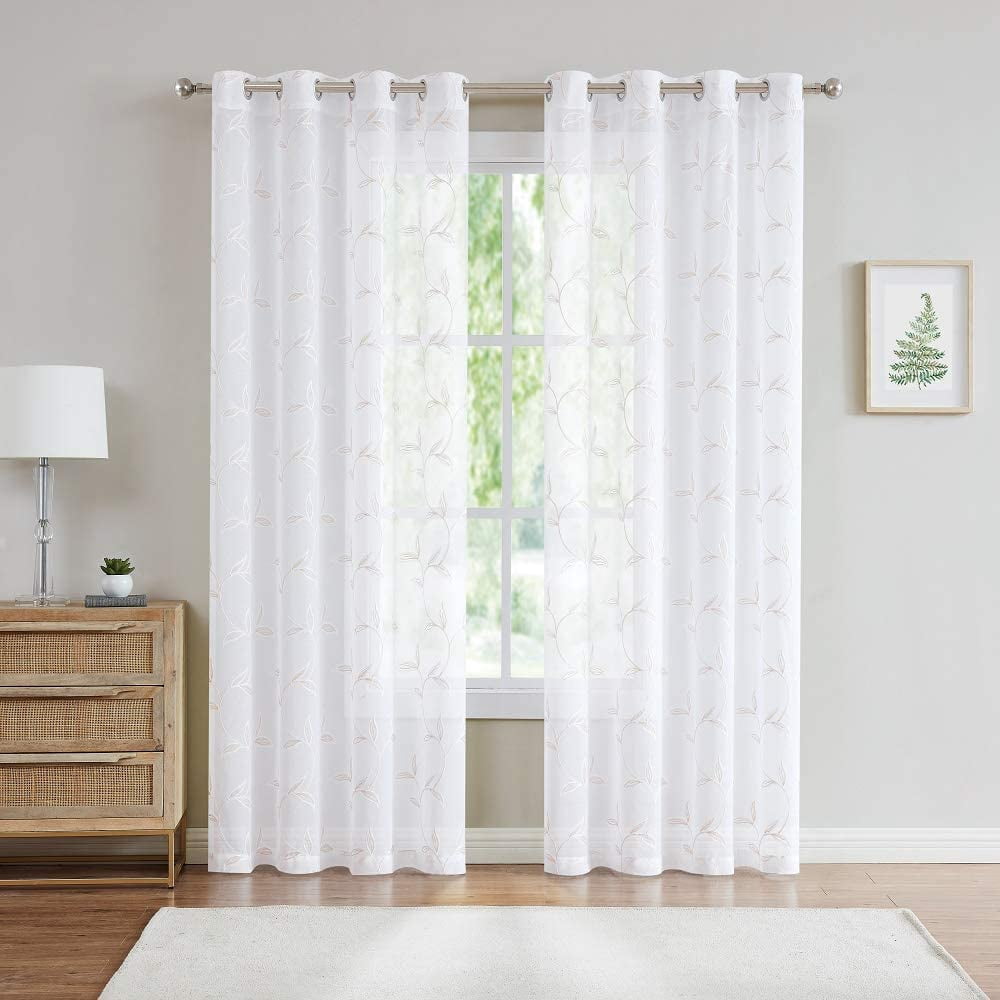 Warm Home Designs Pair of Standard Length 54" x 84" Sheer White Curtains with Gold Linen Leaf Embroidery. M Linen 84