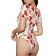 thumbnail image 3 of KLL Women 's Crew Neck Bodysuit Jumpsuits Cute Mushroom Print Short onesies Stretch T Shirts, 3 of 7