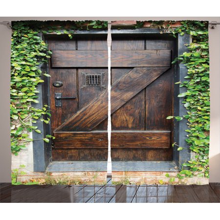 Dark Wood Window - Rustic Decor Curtains 2 Panels Set, Small Spanish Style Dark Stained Wood Door Secret Garden With Grated Window Art Picture, Living Room Bedroom Accessories, By Ambesonne
