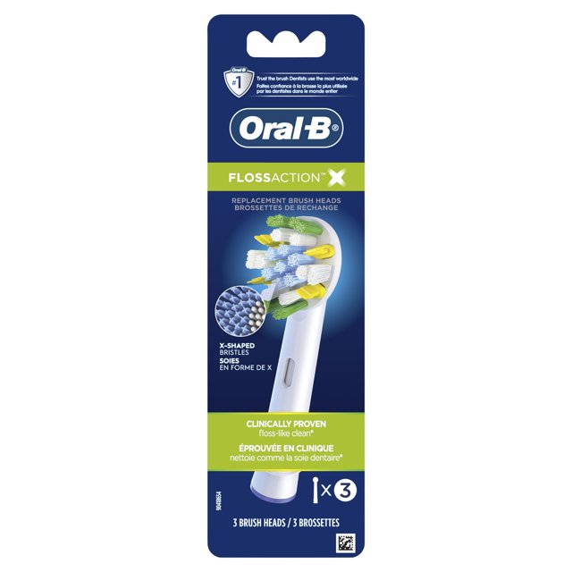 cabezales de cepillo de dientes eléctricos de repuesto oral-b floss action, 3 unidades Paquete vertical mostrando tres cabezales redondos FlossAction en un mango blanco simulado; cerdas blancas, azules y amarillas con detalle circular que muestra fibras en forma de X. Fondo azul con franja verde y logo Oral‑B; diseñado para limpieza diente a diente y mejora de higiene bucal; también suelen usarse como cabezales de reemplazo en viajes.