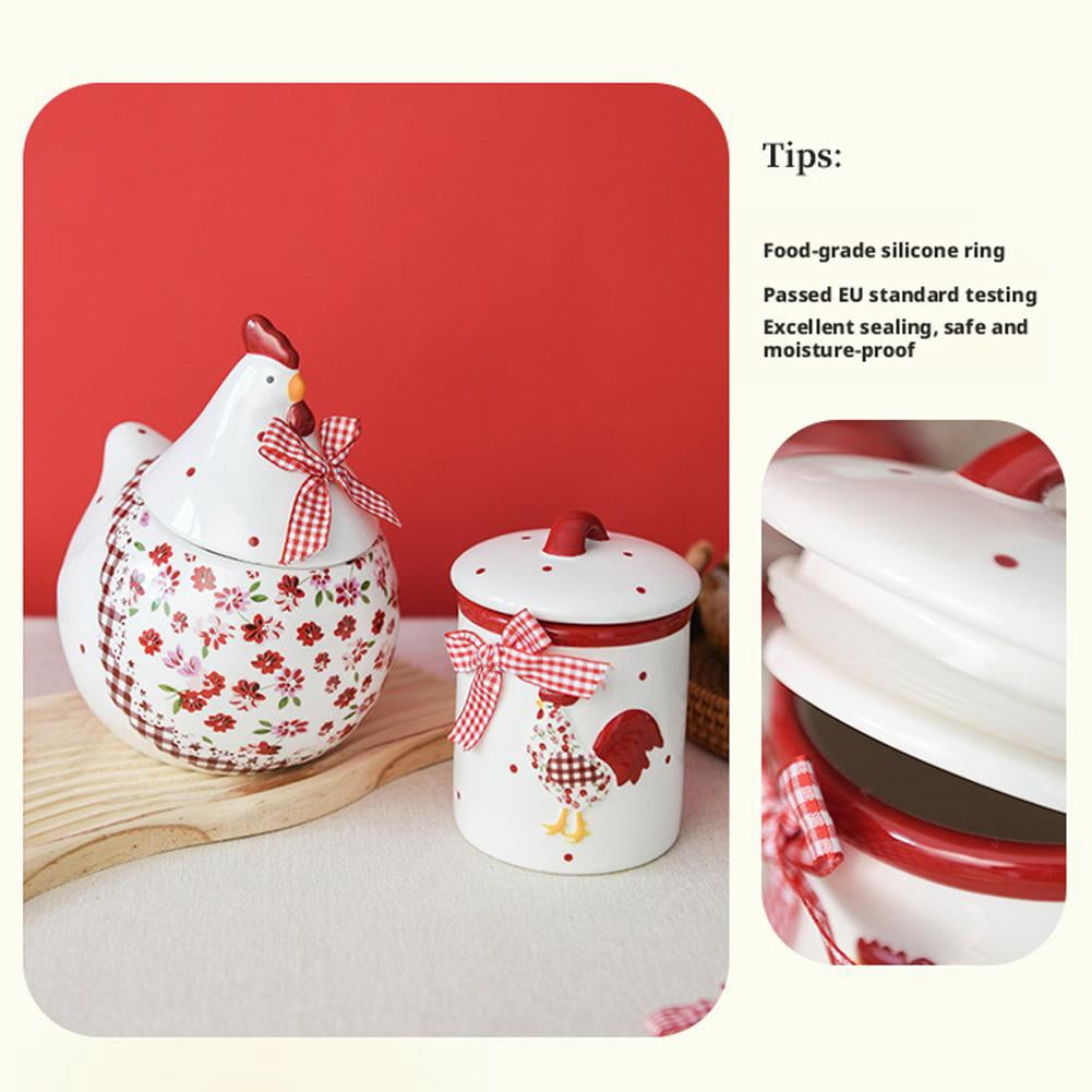 Ceramic Easter Sugar Canister with Rural Chicken & Floral Pattern, Rooster Hen Cookie Jar, Airtight Food Storage Container, Red