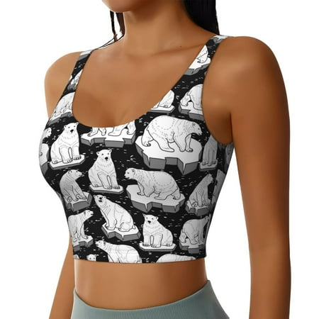 Haiem Cute Cartoon Polar Bear Pattern Womens Sports Bra - U Neck Padded Low Impact Yoga Bra Workout Crop Top Gym Moisture-Wicking Workout Vest -Large