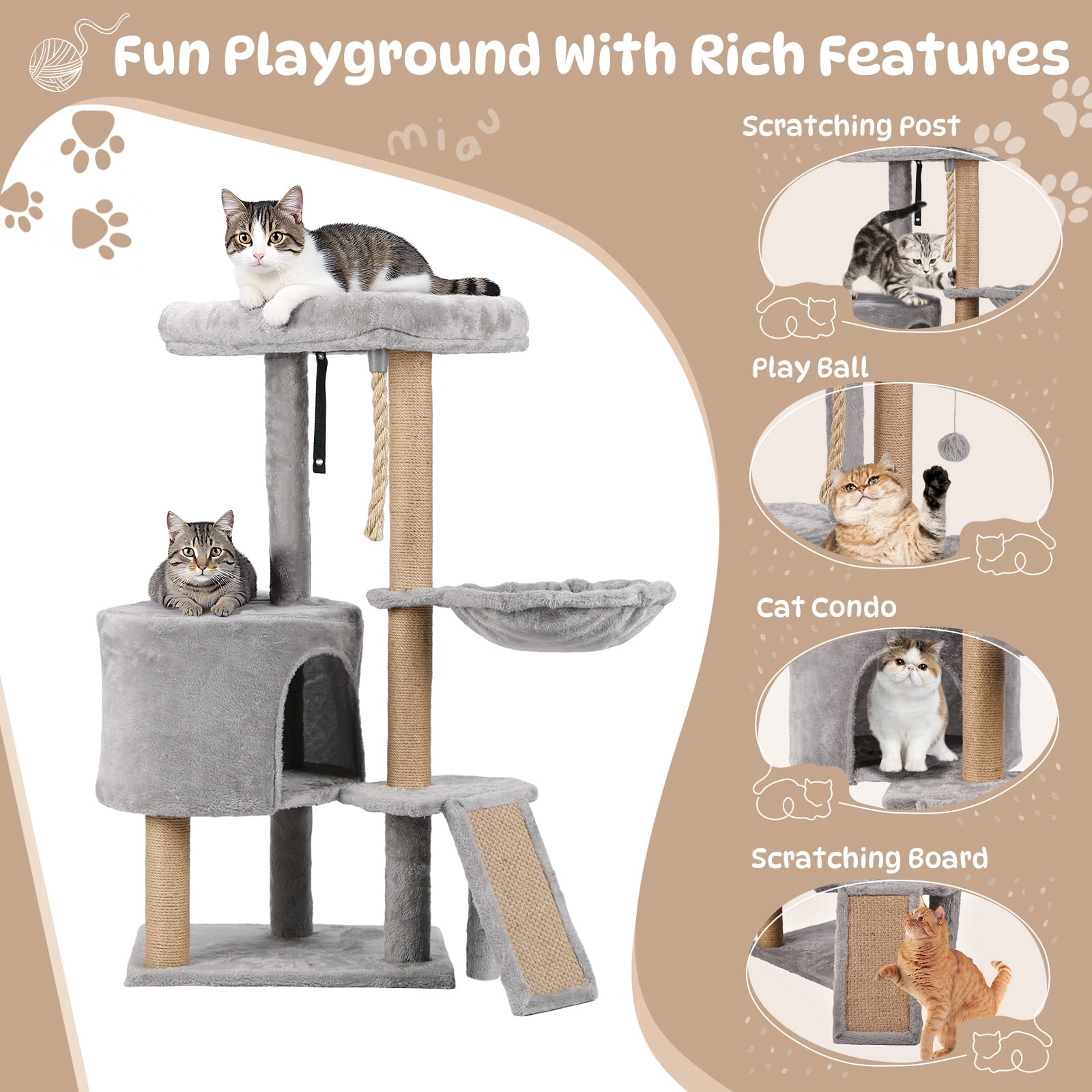 Zephypaws Cat Tree, 42.5-Inches Cat Tower for Indoor Cats, Plush Multi-Level Kitten Cat Condo with Scratching Post,Ramp, Basket, Spacious Cat Cave, Hanging Ball, Light Gray