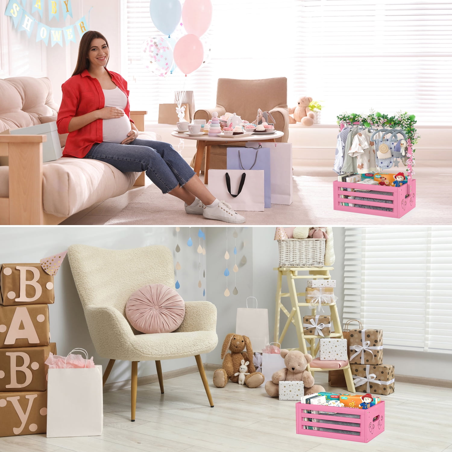 BambooHomie Baby Shower Crate Closet, Baby Baskets Box with Hangers for Newborn, Welcome Pregnancy Gift Basket for New Parents (Pink, Small Size)