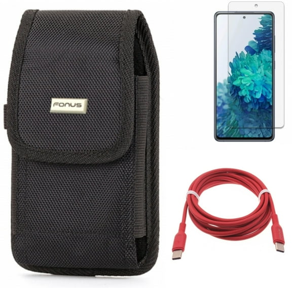 Screen Protector & Red 6ft Long Cable & Case Belt Clip for Samsung Galaxy S20 Fan Edition - Anti-Glare Tempered Glass   USB-C to Type-C PD Fast Charger   Swivel Holster Combo