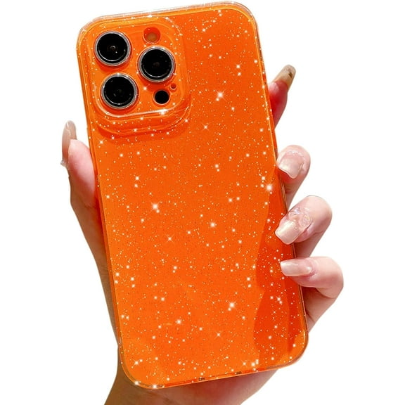Compatible with iPhone 14 Pro Max Case 6.7 inch, Cute Glitter Bling Slim Bumper Shockproof Sparkly Soft Phone Case for Women Girls (Orange)