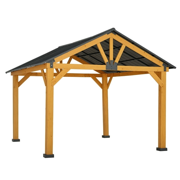 聽11' x 13' Hardtop Gazebo with Galvanized Steel Roof, Wooden Frame, Permanent Pavilion Outdoor Gazebo with Ceiling Hook for Garden, Patio, Backyard, Lawn