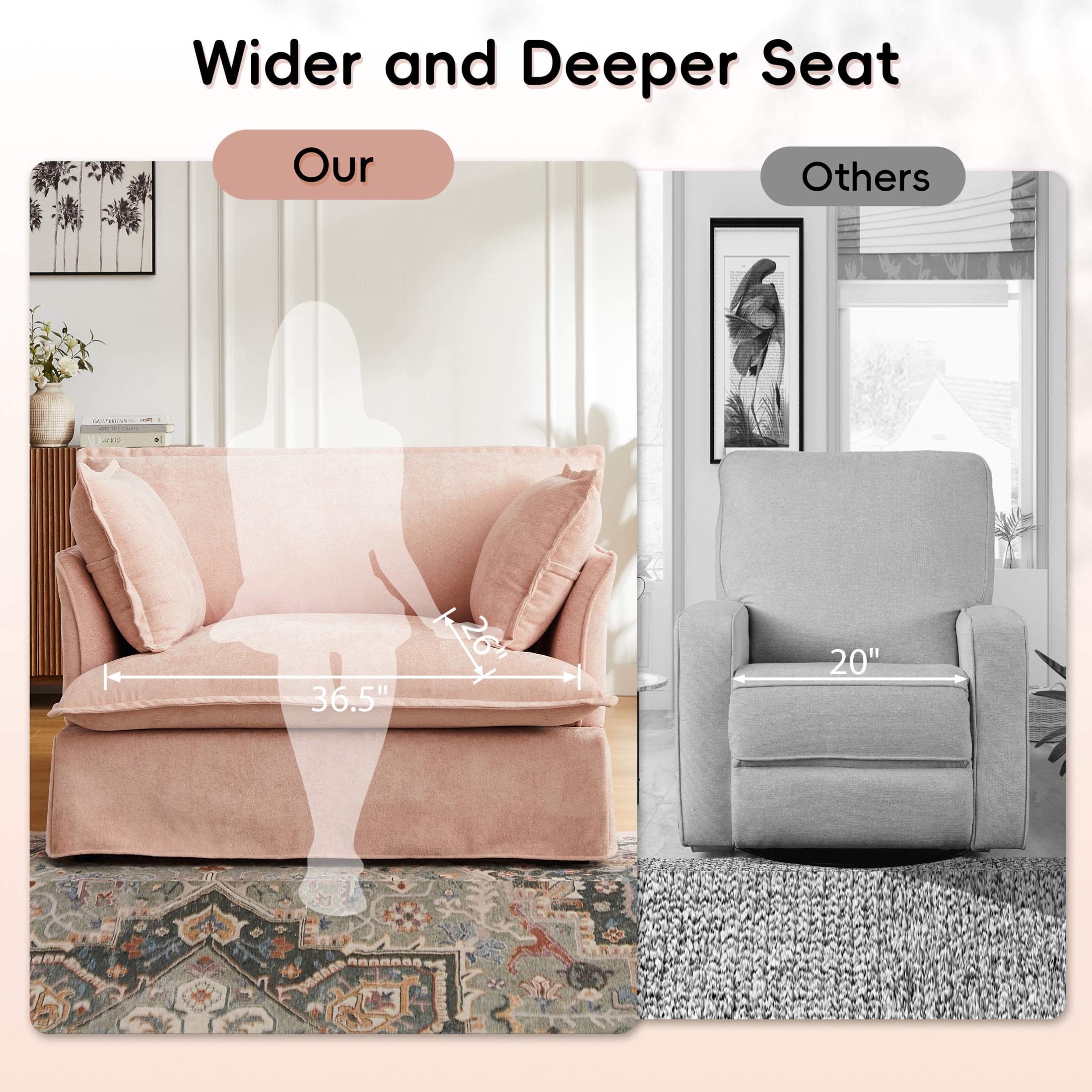 Noble House Genrix 47" Oversized Chenille Accent Chair with Charging Ports, Comfy Armchair for Living Room, Pink