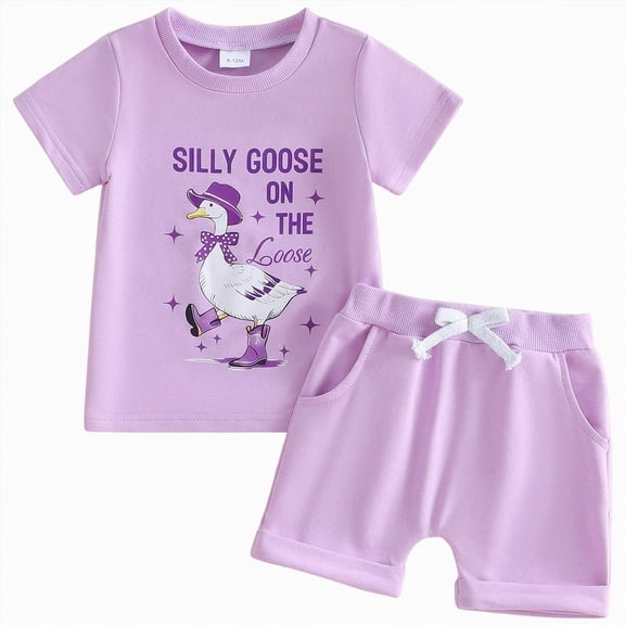 CAUYDY Toddler Girls Summer Clothes 3T 4T 5T Baby Girls 2Pcs Outfits Letter Print Short Sleeve Shirt Top and Shorts Set kids Casual Elastic Shorts Set (Sizes 2-3 Years,D01-Purple)