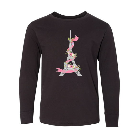 Inktastic Eiffel Tower in Paris with Flowers and Pink Banner Long Sleeve Youth T-Shirt