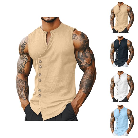 Tank Tops Men Cotton Linen Lightweight Breathable Button Down V Neck Sleeveless Shirt Vacation Beach Tank Shirt