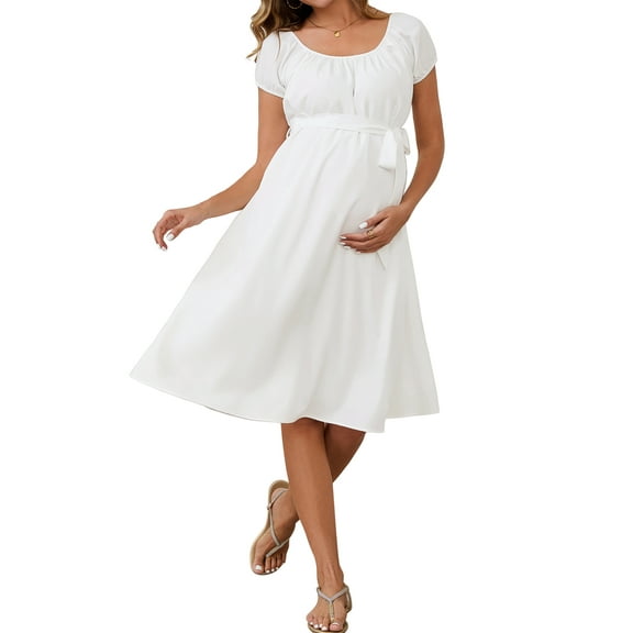 INSPIRE CHIC Women Maternity Dresses Boho Waist Belt Short Sleeve Summer Church Small White