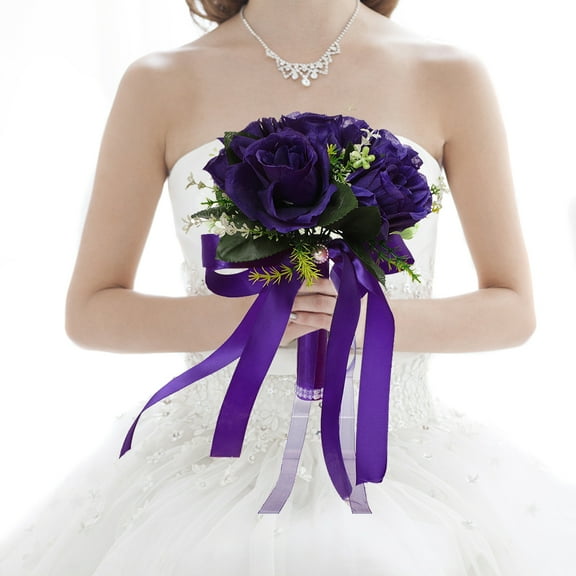 Purple Silk Wedding Bouquet - Artificial Silk Rose Bouquet for Bride & Bridesmaids, Wedding Party Decor, Prom Accessories