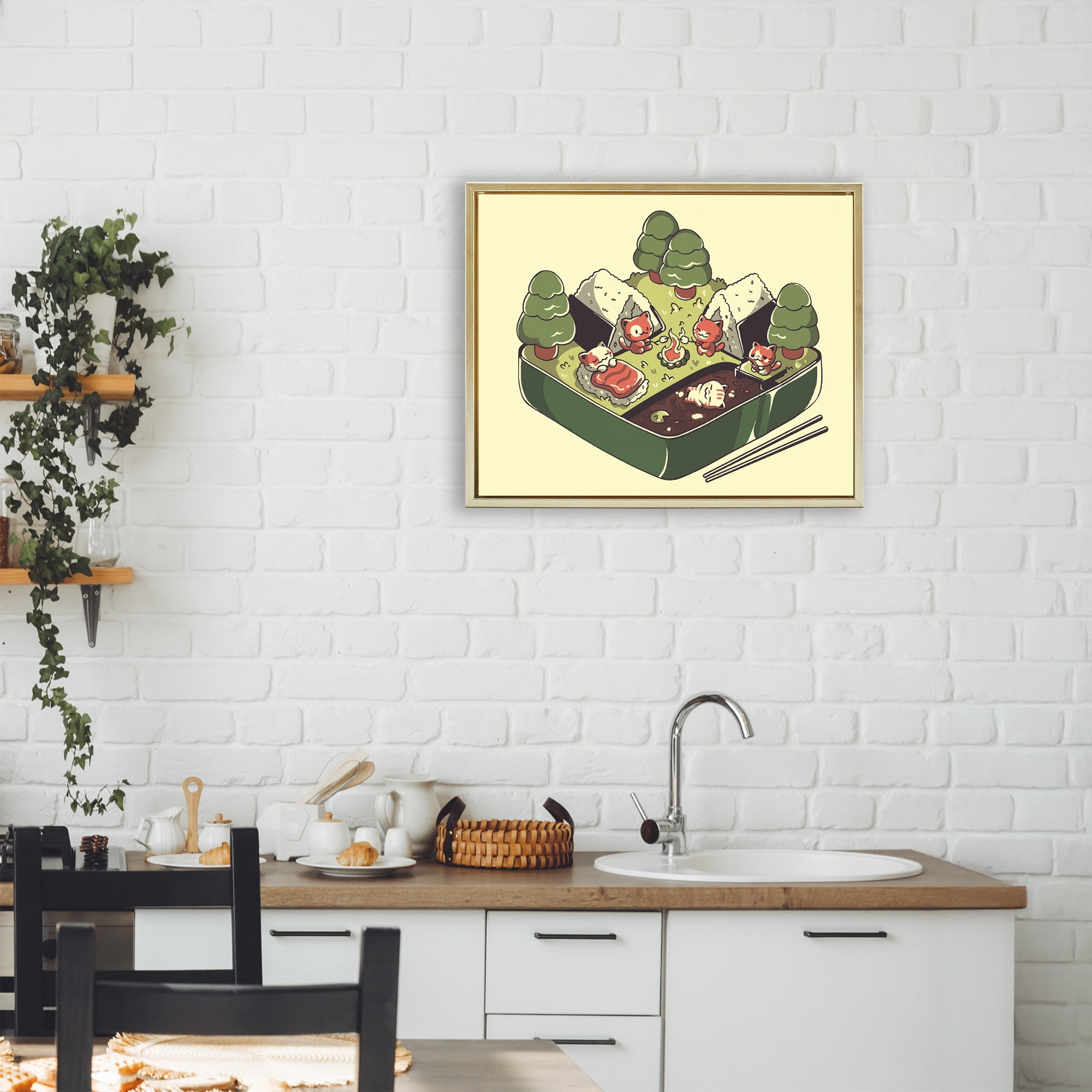 Stupell Industries Kawaii Sushi Camp Bento Gold Framed Floater Canvas Wall Art, design by Tobe Fonseca