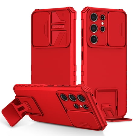for Samsung Galaxy S21 Ultra Case, Stand Bracket Slide Camera Cover, Heavy Duty Protective Phone Case, Shockproof Hybrid Soft TPU + Hard PC for Samsung Galaxy S21 Ultra 6.8 inch,Red