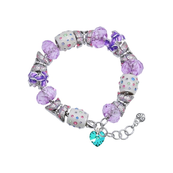 Delight Jewelry Teal Crystal Heart Purple Butterfly Bead Charm Bracelet, 7" 1" Extender