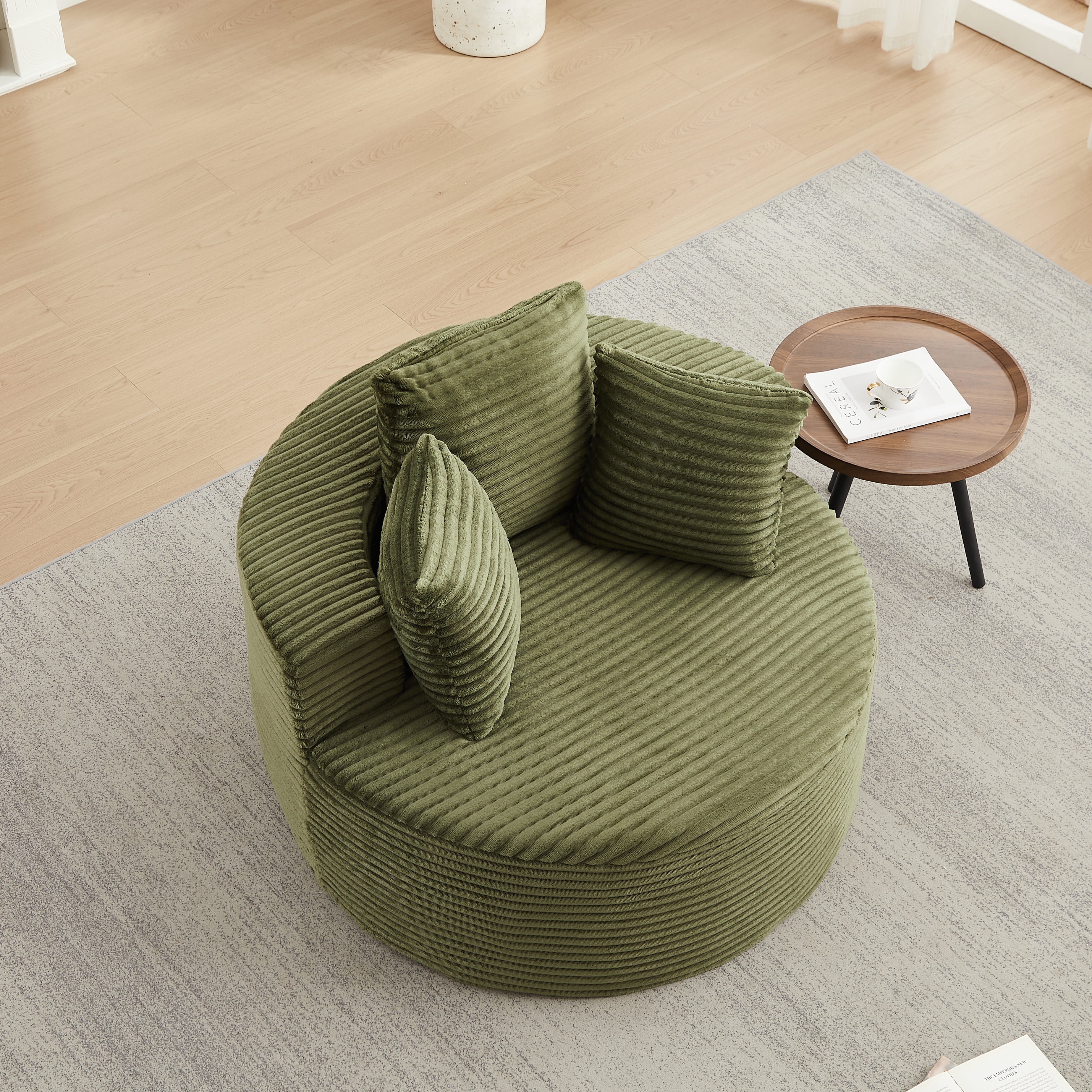 43 Inch Round Corduroy Single Sofa Lounge Chair with 3 Pillows, Spring Coil Filled Compressed Shipment Minimalist Accent Chair for Bedroom Living Room Game Room Lounge