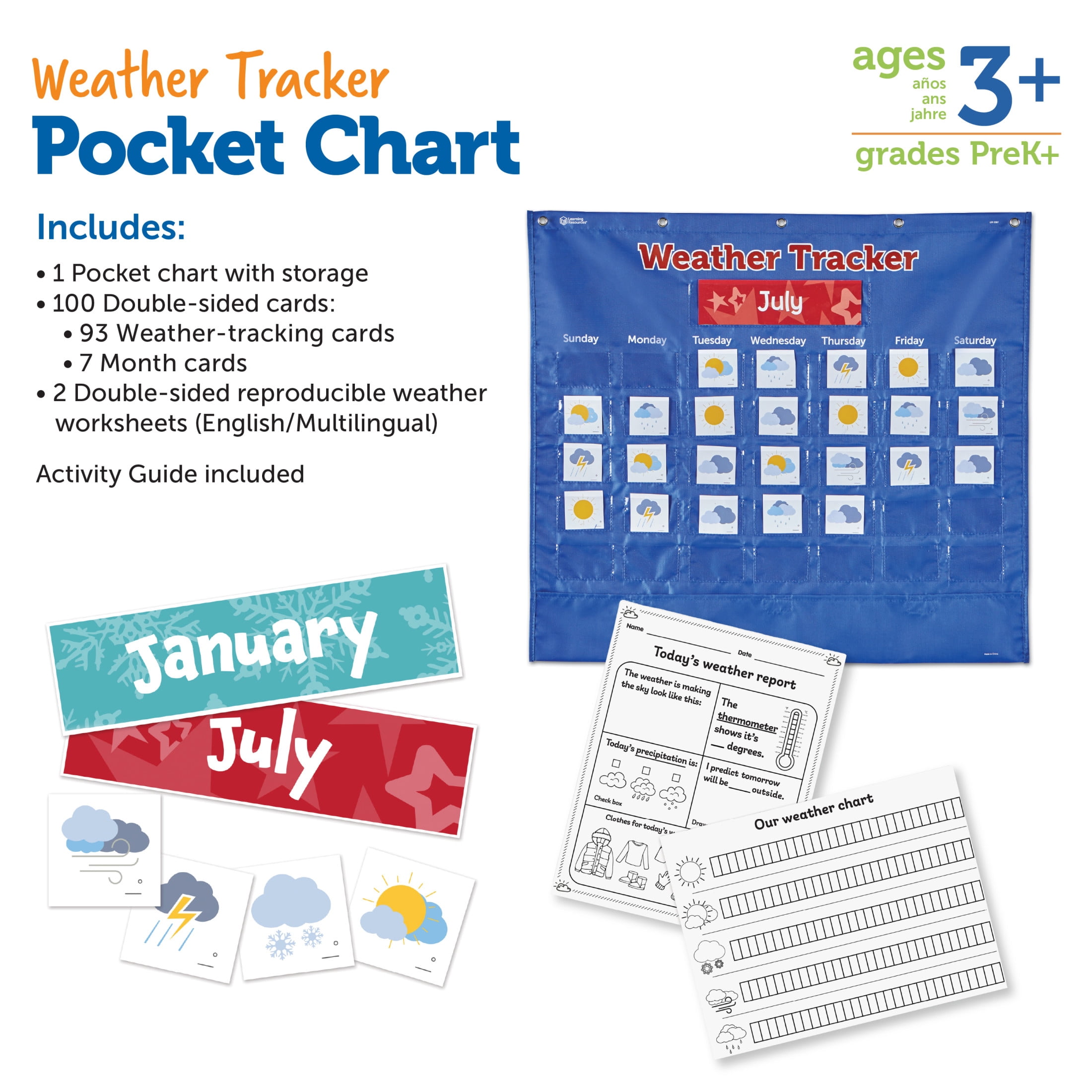 Learning Resources Weather Tracker Pocket Chart, 102 Pieces, Ages 5+, School Supplies for Teachers