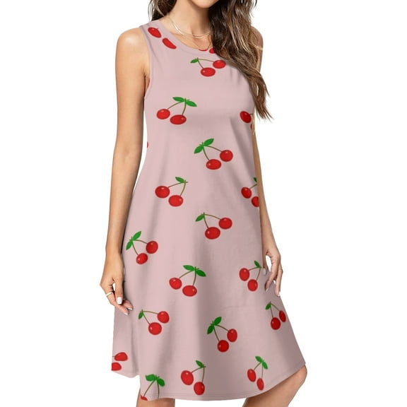 Cherries Spring Summer Dresses for Women Fashion T-shirt Dress Casual Sleeveless Loose Sundress with Pockets