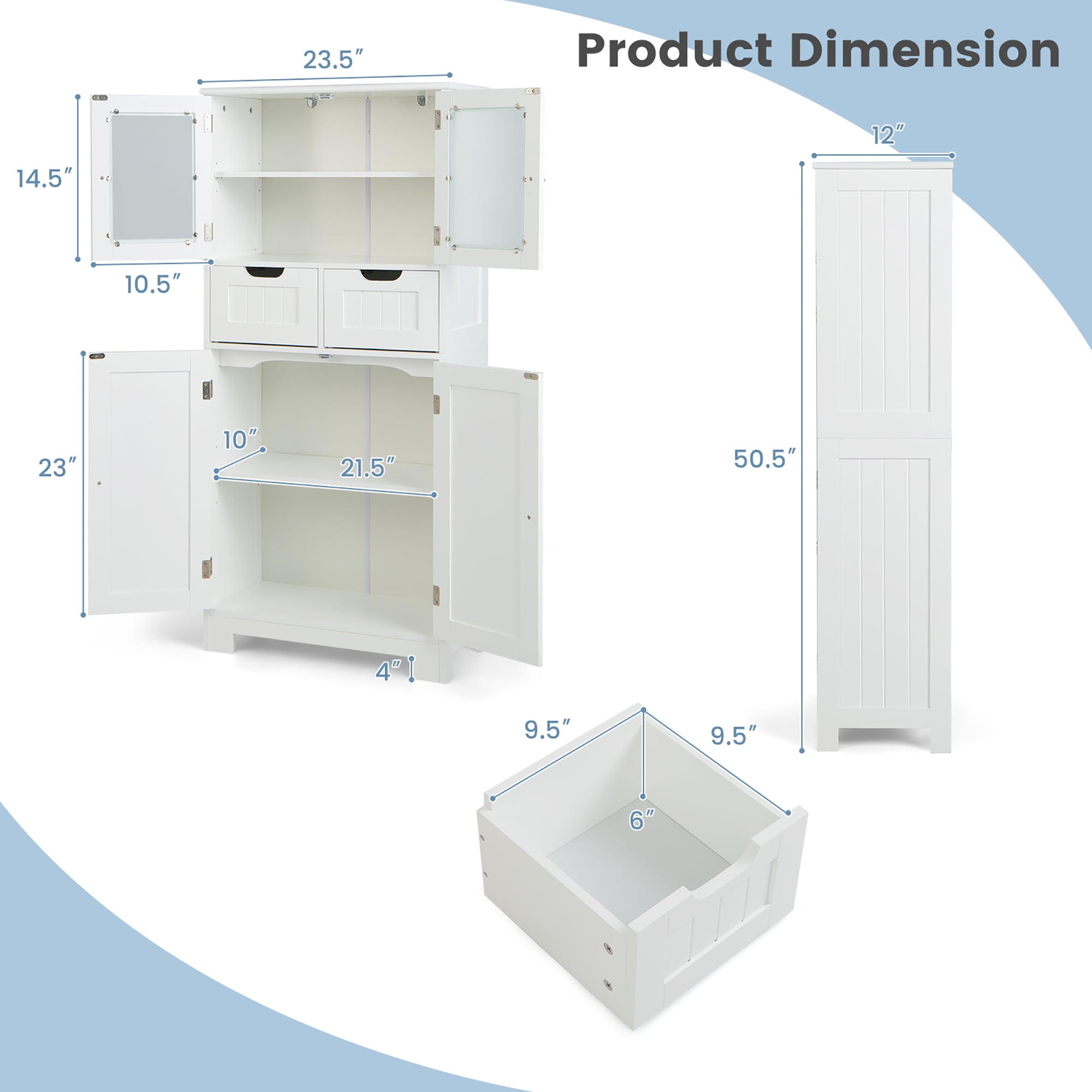 Costway Bathroom Floor Storage Cabinet Kitchen Cupboard with 2 Drawers & Glass Doors White