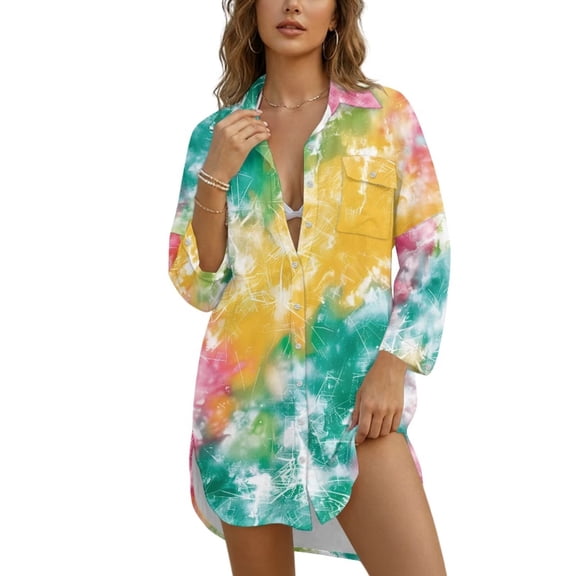 Xixirimido Colorful Tie-dye Print Women's Button Down Beach Cover Up Dress Long Sleeve Swimwear Cover Up Casual Loose Shirt Dress for Summer, Size M