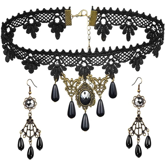 Choker Necklace Earrings Set for Halloween Punk Steampunk Costume Party Women Gothic Black Lace Necklace Vintage Lolita Victorian Halloween Choker Vampire Pendant - B