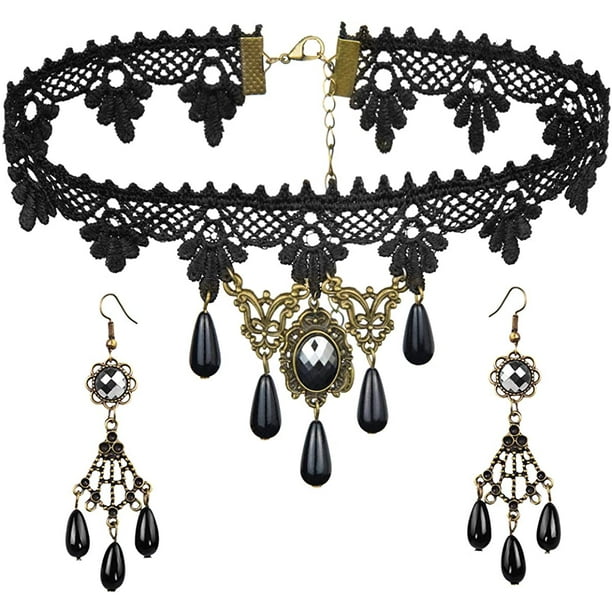 Conjunto de aretes de collar de encaje negro - Gargantilla con colgante de Lolita gótica Accesorios de ropa para boda Cumpleaños Navidad MFZFUKR WRMH-1488-2