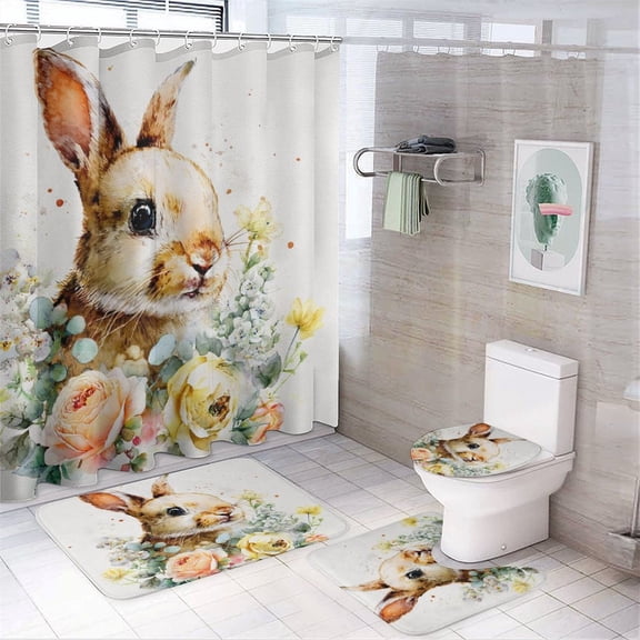 4 Pcs Shower Curtain Sets Spring Easter Bunny And Flowers with Rugs Toilet Lid Cover And Bath Mat Cute Bunny Rabbit Floral Easter Bathroom Decor Set with Accessories for Bathtub Decor 72inch X 72inch