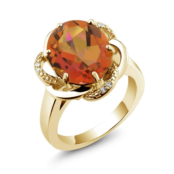 Gem Stone King 18K Yellow Gold Plated Silver Twilight Orange Mystic Quartz Engagement Ring for Women (4.07 Cttw, Gemstone Birthstone, Oval 12X10MM, Size 5)