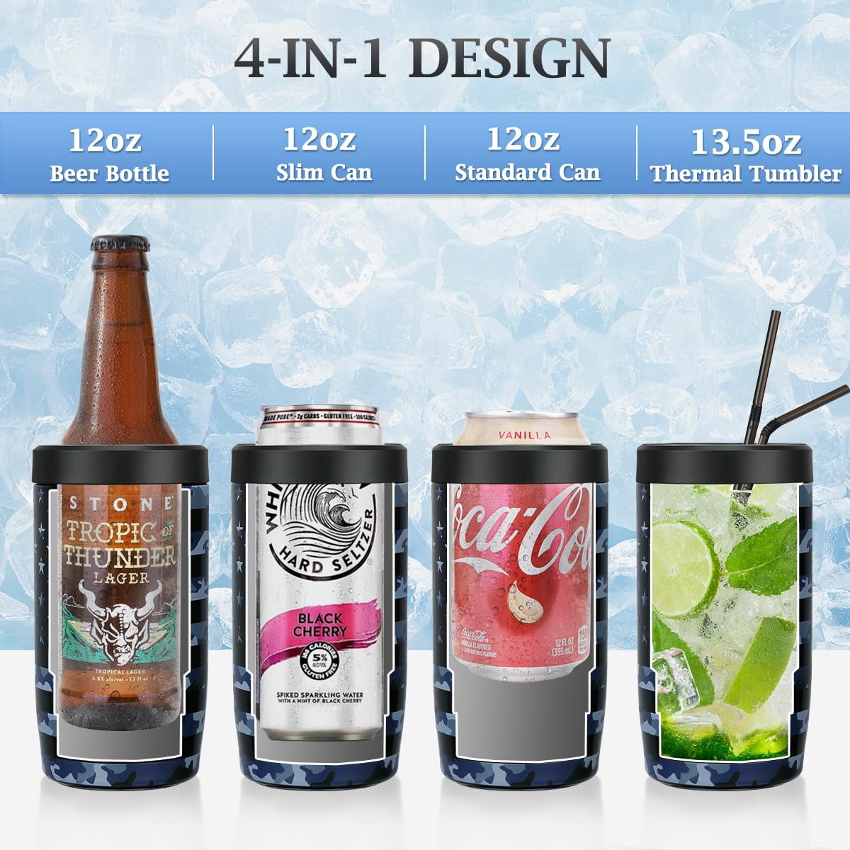 Jslove 4 in 1 Insulated Can Cooler - Universal Size for 12 oz Cans, Slim Cans, and Bottles - Camo Flag