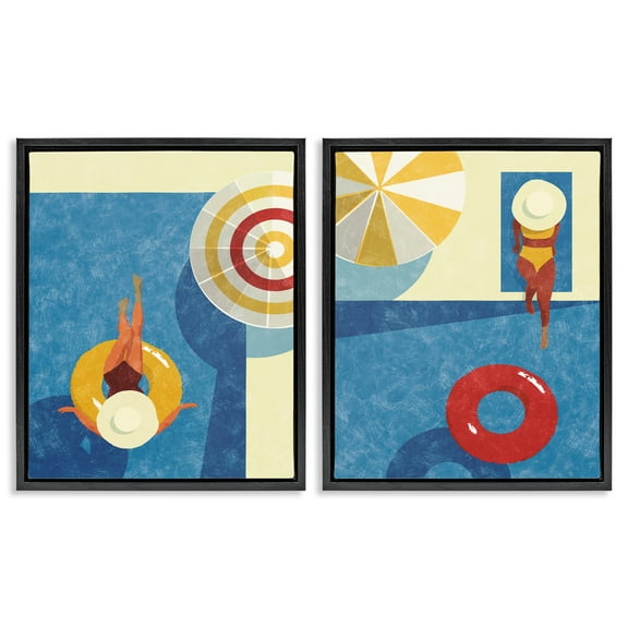 Stupell Industries Relaxing Female Figure Poolside People Painting Black Floater Framed Canvas Art Print Wall Art, 17 x 21, Set of 2